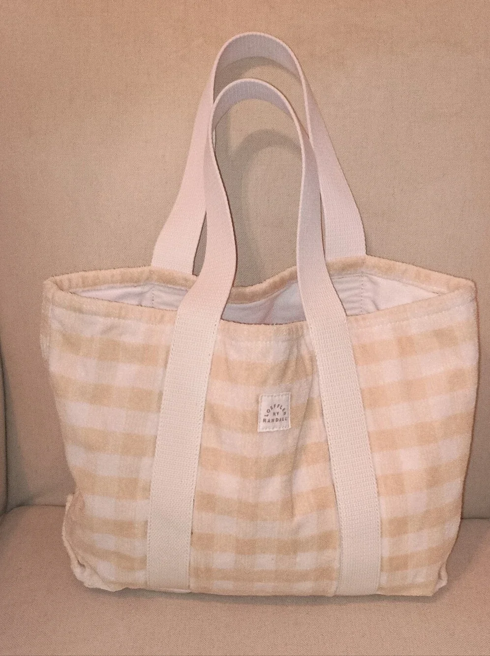 Loeffler Randall Cream and White Gingham Terry Cloth Tote Bag